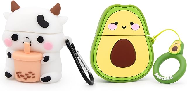 Mouzor Cute Avocado Airpods Case, Boba Tea Cow Airpods 2 Case, 2 PACK, Funny 3D Cartoon Soft Silicone Full Protection Charging Cases Cover with Carabiner for Airpods 1st Generation, 2nd Generation