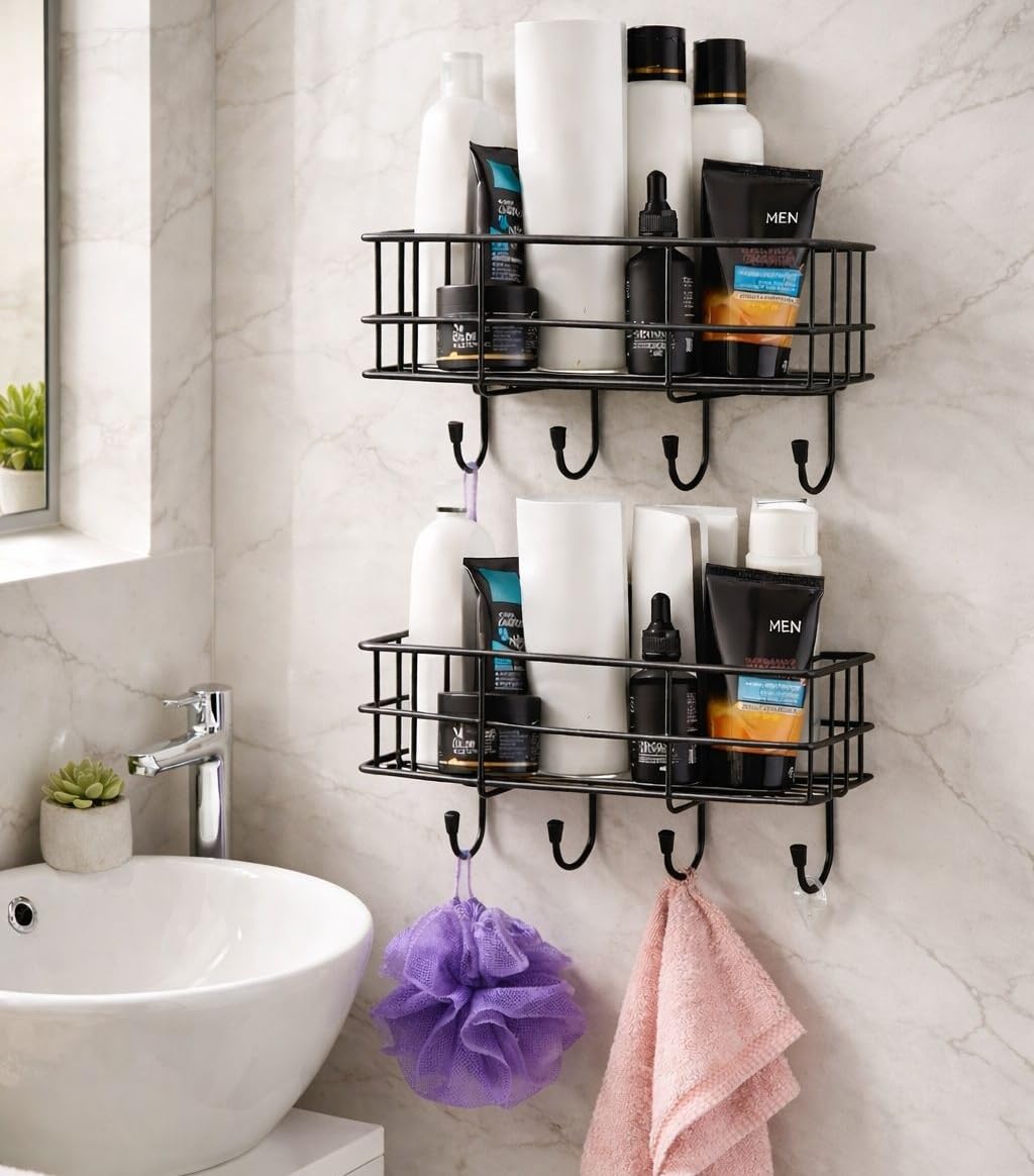 Oslen (Pack of 2 Self-Adhesive Multipurpose Bathroom Rack, Bathroom Shelf Organizer, Wall Mounted Shelf,Bathroom Accessories Set for Home,Bathroom Shelves (Black)
