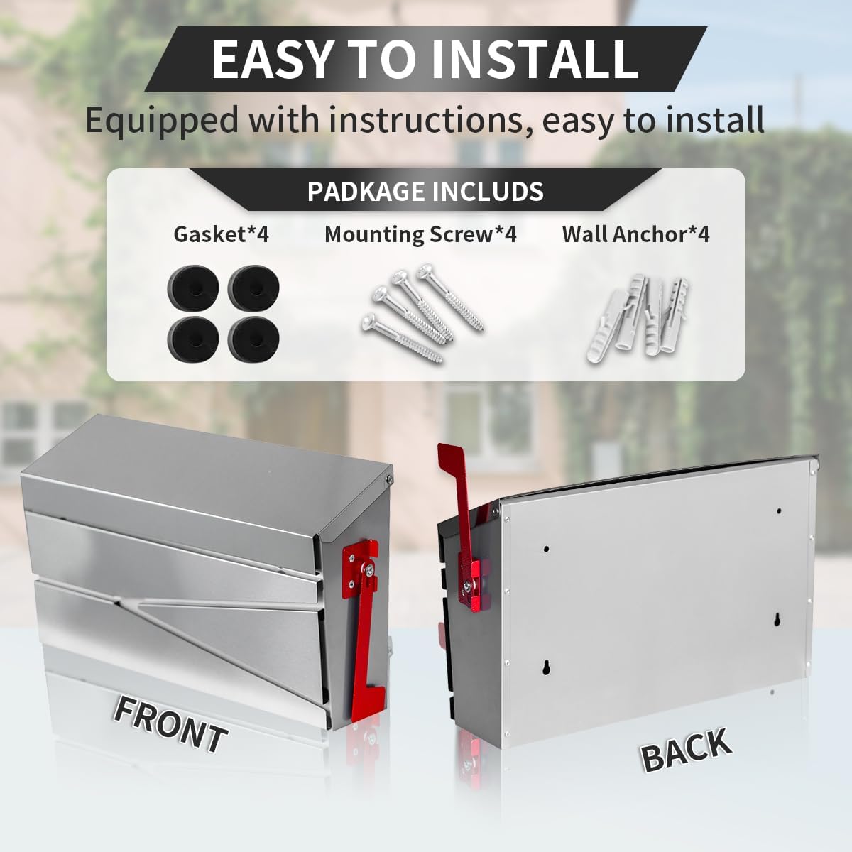 Ydocabinit Wall Mount Mailbox, Large Capacity Mailbox for House, with Flag Kit, Galvanized Steel Rust-Proof Metal Post Drop Box, Mailboxes for Outside, 15.74"×9.84"×4.33", Silver Modern Sleek Style