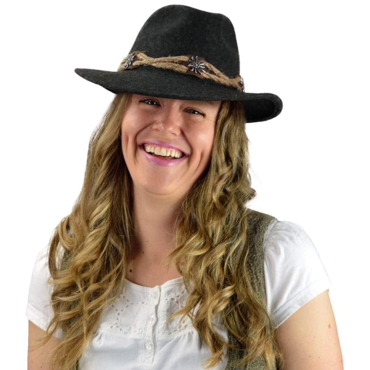 Oktoberfest Haus - German Hat Men and Women - German Style Charcoal Alpine Tyrolean Wool Hat with an Edelweiss Pin & Rope |100% Wool Alpine Tyrolean Fedora - Oktoberfest Accessory Black