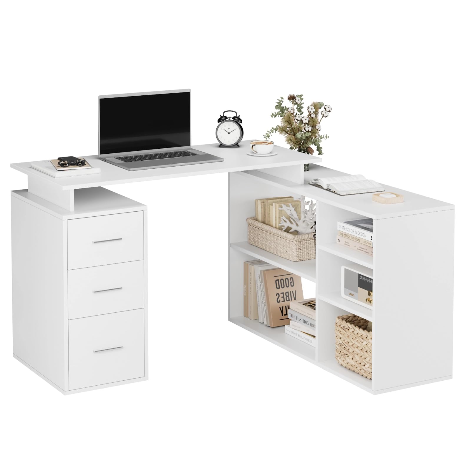 FirFurd Computer Corner Desk with Drawers White L Shaped Desk Office Table Workstation with Storage for Home Office Furniture 129x104x76cm