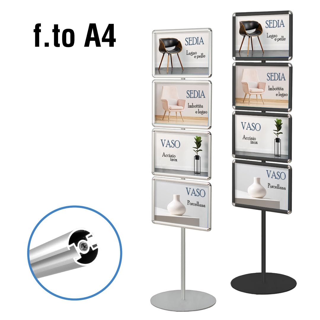 Danieli - Espositore pubblicitario da terra A4 con 4 Cornici a Scatto. Supporto Autoportante Per Cartelli, Avvisi, Segnaletica e Pubblicità. Palina Porta comunicazioni per Negozi e Fiere. (Argento)