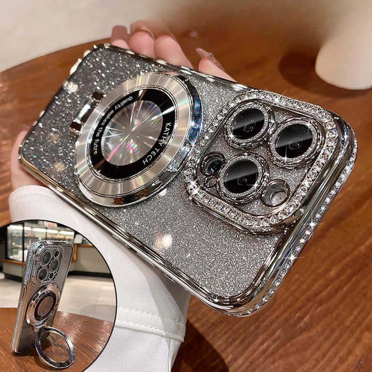 OUROL Magnetic Kickstand (Glitter Lens Protector ) Case for IPhone 15 14 13 12 Pro Max (Compatible with Magsafe ) Sparkling Diamond Cover Glitter Shiny Rhinestone Cases (Silver,for iPhone 13 Pro Max)
