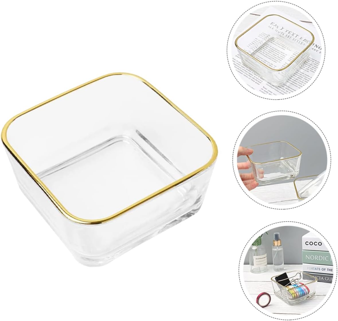 Gold Rim Storage Bowl Desk Paperclip Holder Dispenser Organizer for Office Women Glass Material Corp Birthday Paperclip Holders for Desk