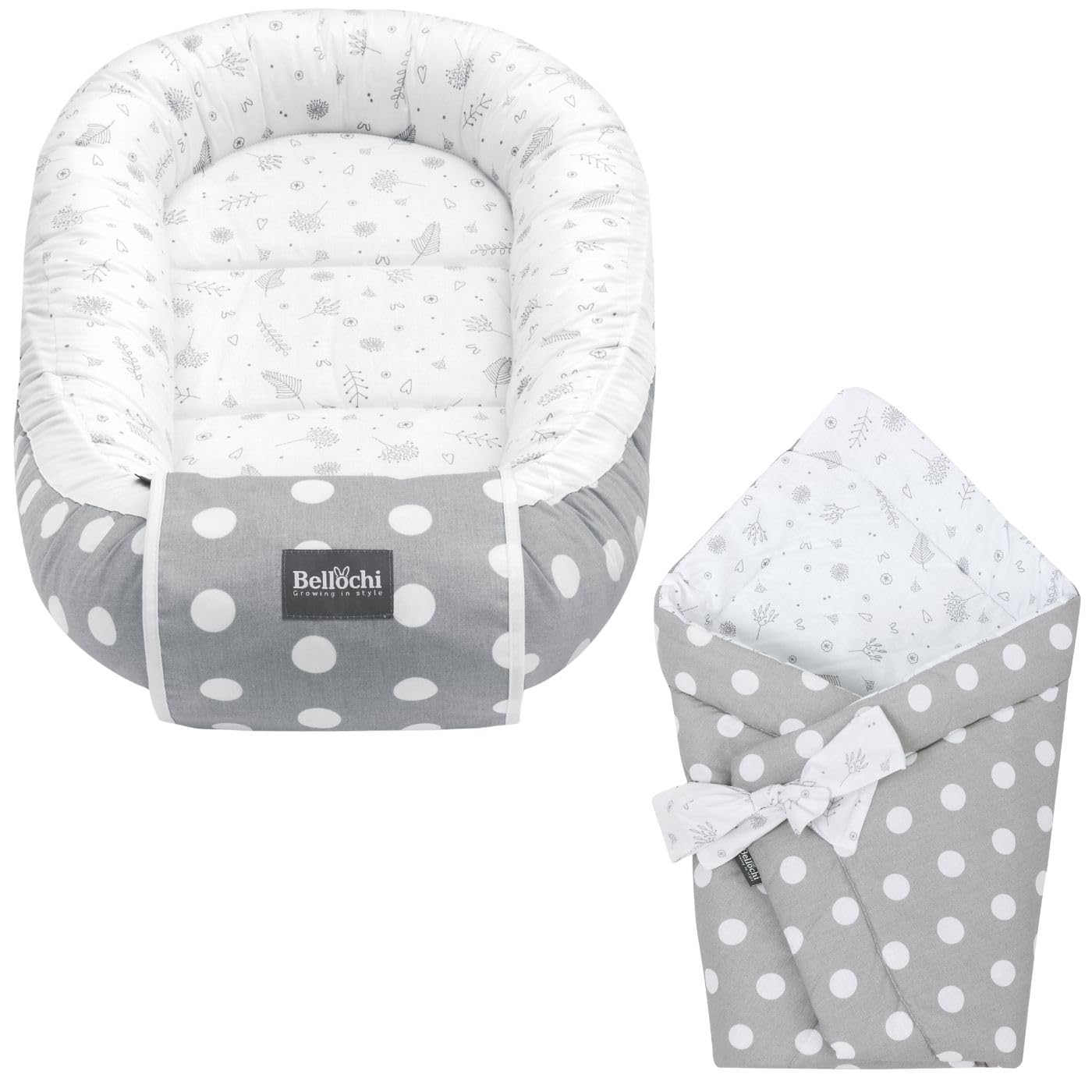 Bellochi 2in1 Set Baby Nest Pod and Swaddle Blanket - Baby Sleep Pod for Newborn with Protective Edges - Baby Swaddle Wrap - 100% Cotton - Oeko-TEX Certified - Dotti Bello