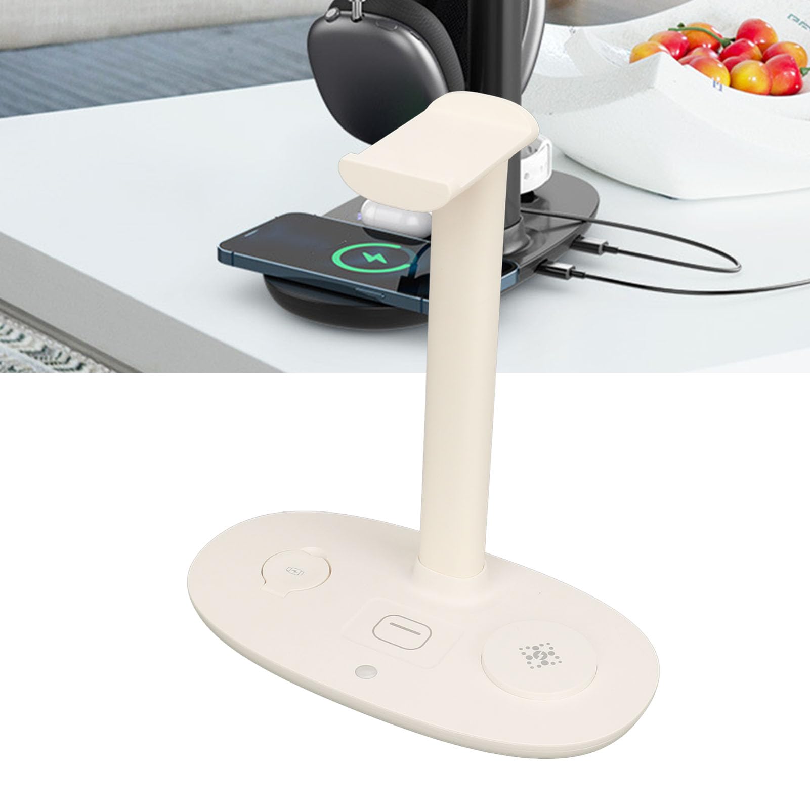 Soporte para Auriculares, Cargador Inalámbrico de 15 W Que Ahorra Espacio, Estación de Carga Segura para Auriculares, Disipación de Calor Desmontable 4 en 1 para Teléfonos Móviles (Blanca)