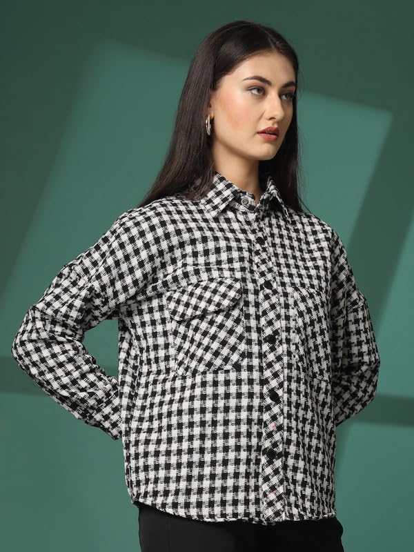 Image of CHKOKKO Tweed Women Oversized Winter Shacket Stylish Standard Length Coat Plaid Jacket Shirt