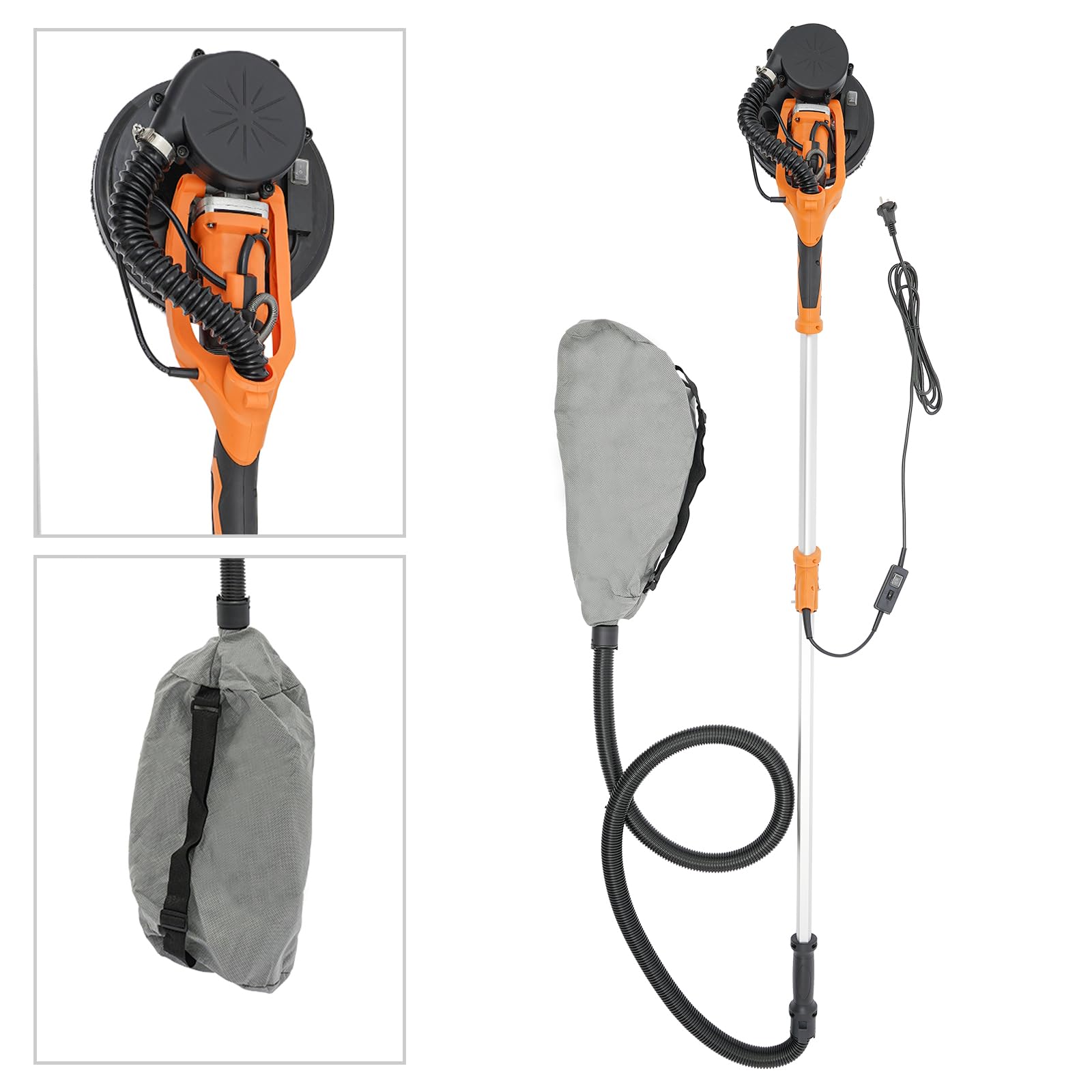 Wand & Deckenschleifer 750W Trockenbauschleifer, Wandschleifer mit LED und Teleskopstiel, Deckenschleifer mit Automatischem Vakuumsystem, 0-90°, Ø 225mm, 800-1800RPM (Orange)