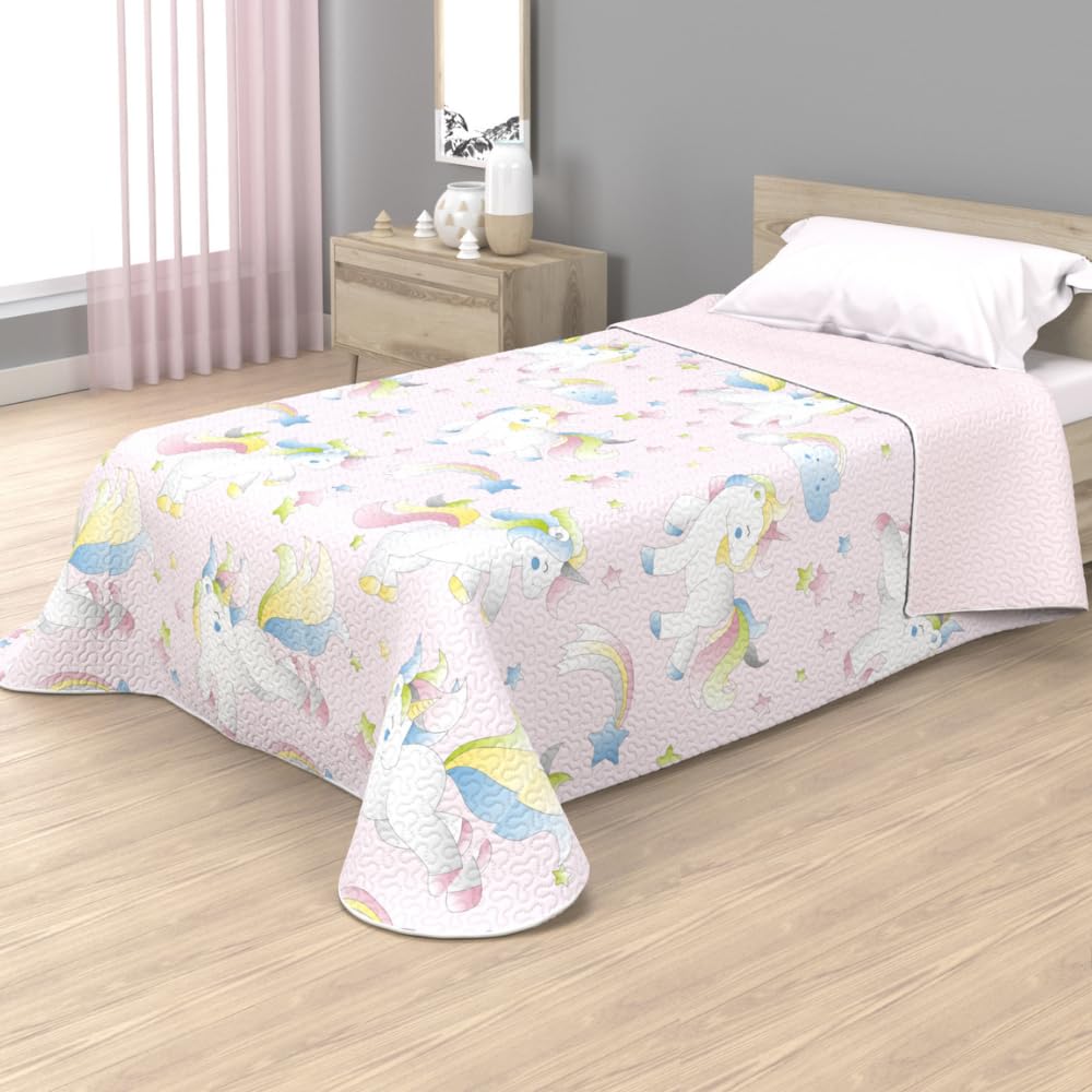 Colcha bouti infantil con acolchado termosellado para camas 90 y 105 cm, con diseños de piratas, unicornios, perritos y cerditos... Ideal para primavera y verano (Unicornio, 90)