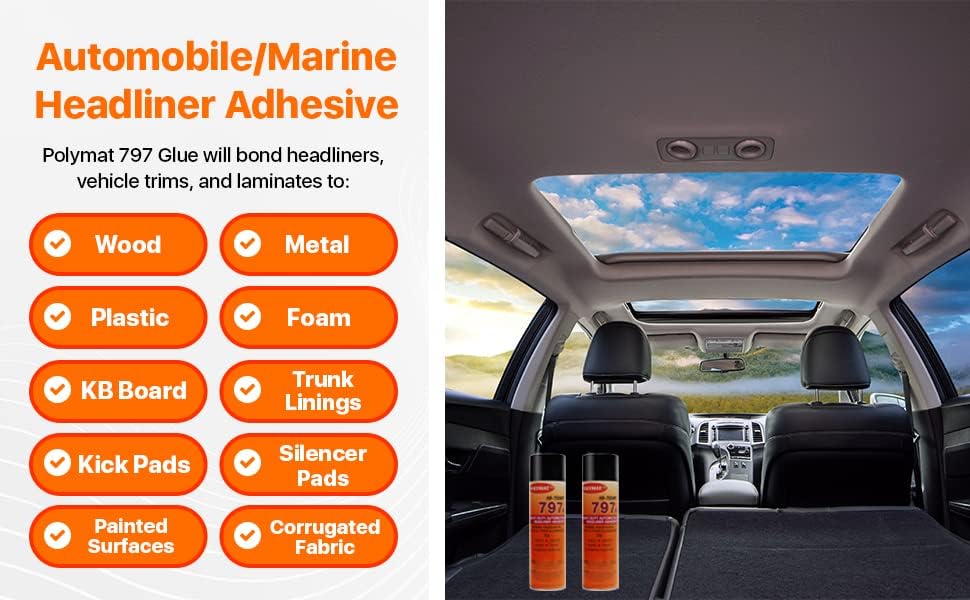 Miniatura 5 de QTY2 Polymat 797 - Adhesivo en aerosol de alta temperatura, forro de cabeza para automóvil, pegamento para maletero de tablero