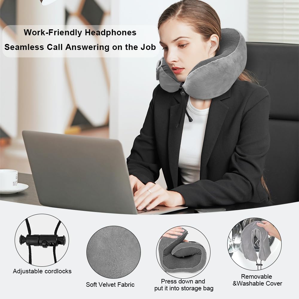 Ateupom Neck Pillow with Bluetooth Headphones Function for Travel, Travel Pillow with Made of Memory Foam, Airplane Pillow, Wireless Headphones with Microphone for Traveling Car Home Office Dark Gray 4
