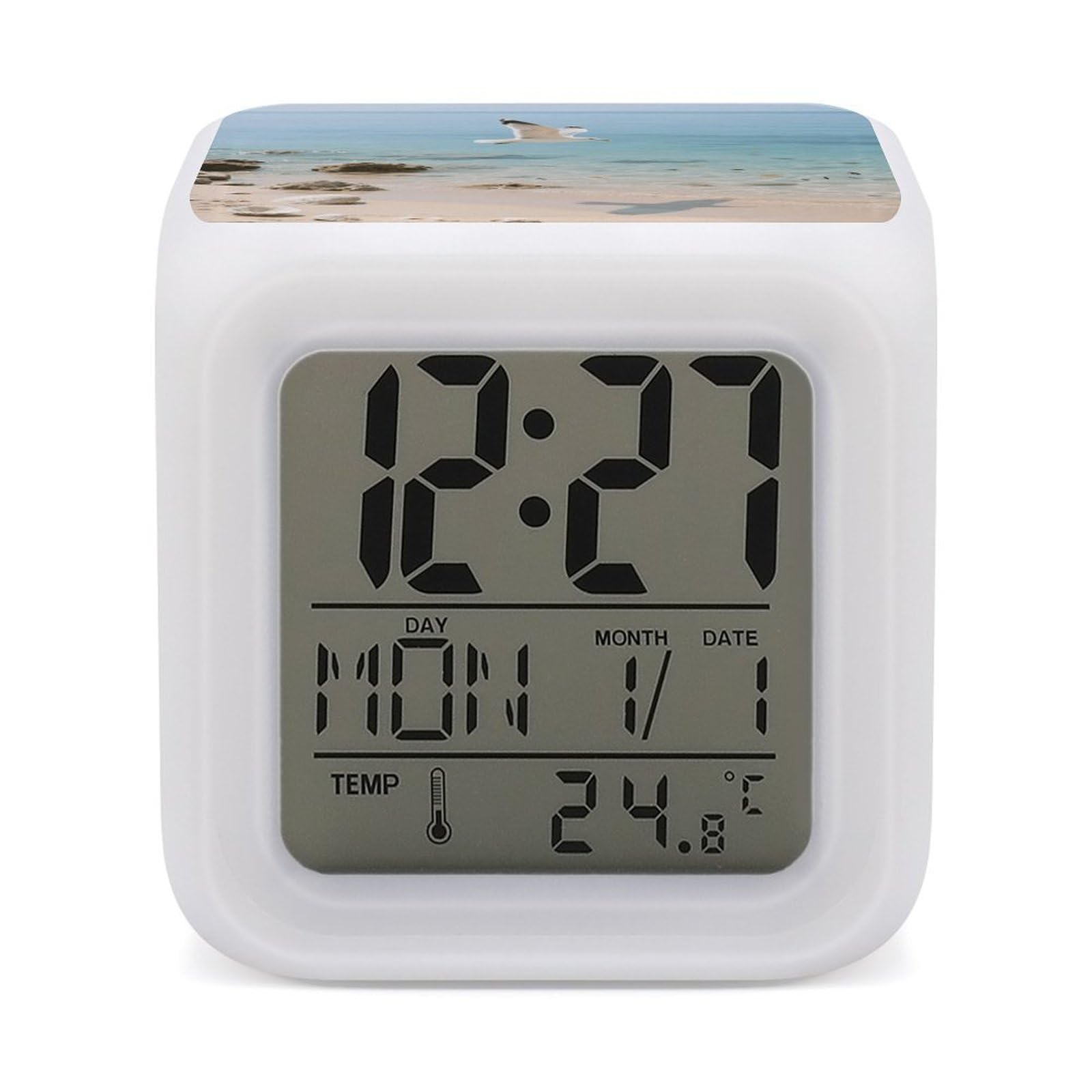 VstaDank Ocean Alarm Clock with Date Temperature Large LED Display Number Clocks with 7 Colors Changing Desk Clock Battery Operated Digital Clocks with Date for Heavy Sleepers