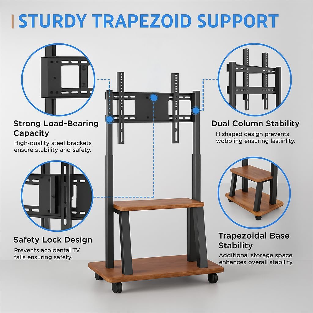 Rolling TV Stand for 32-80 Inch TVs, Mobile TV Cart with Power Outlet, Outdoor Tv Stand with Wheels, Portable tv Stands for LCD OLED 4K Flat/Curved Panels Max VESA 600x400mm (Walnut)