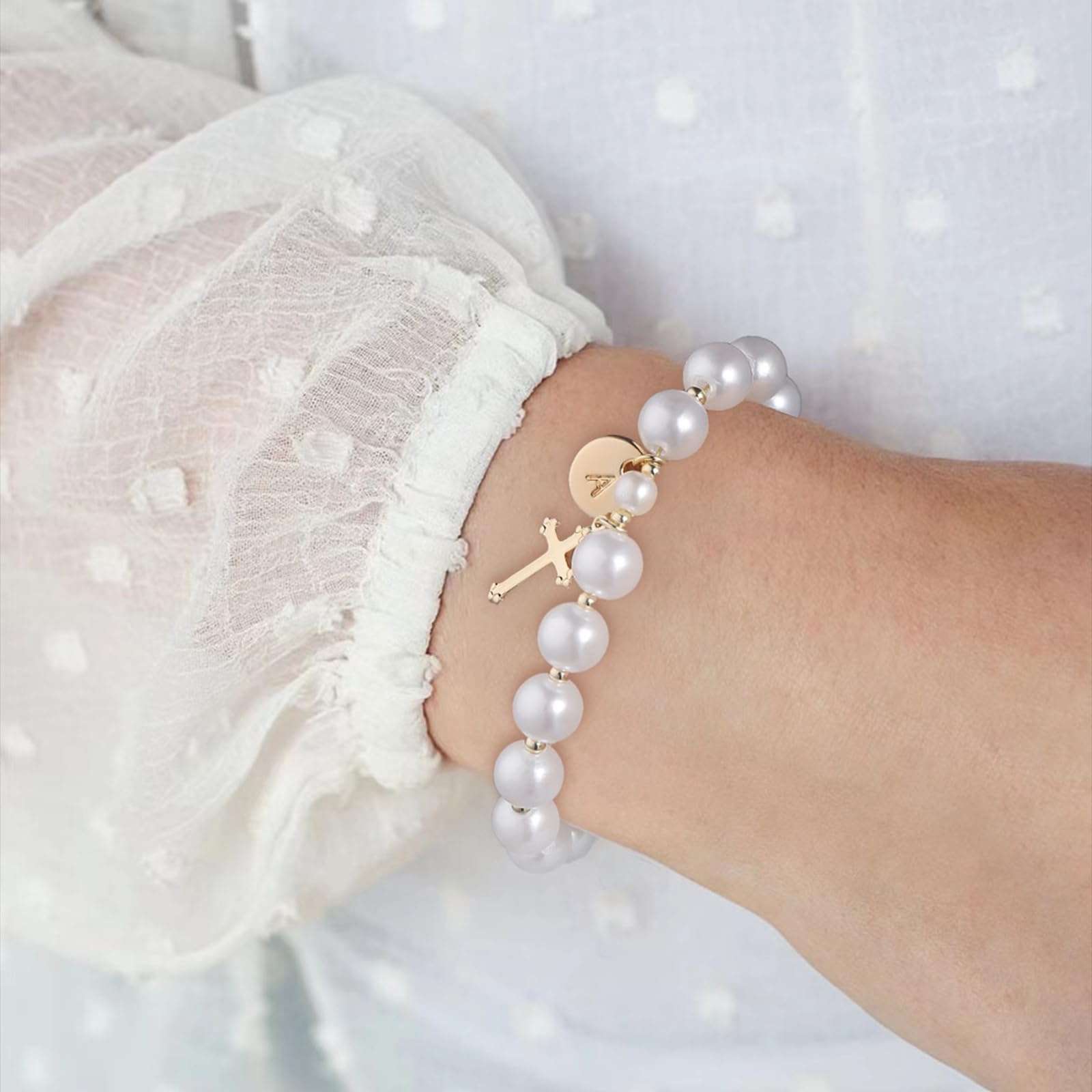 Initial First Holy Communion Confirmation Baptism Bracelets Gifts for Women Girls, Catholic First 1st Communion 14K Gold Pearl Cross Charm Bracelet Personalized A-Z for Goddaughter Niece