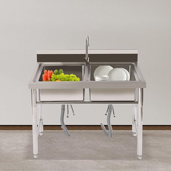 2 Compartments Commercial Kitchen Sink Freestanding Double Bowl Restaurant Sink Station, Kitchen Prep & Utility Stainless Steel Sink for Home Garage Bar Restaurant Laundry Room