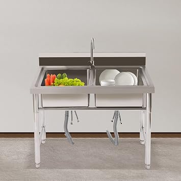 2 Compartments Commercial Kitchen Sink Freestanding Double Bowl Restaurant Sink Station, Kitchen Prep & Utility Stainless Steel Sink for Home Garage Bar Restaurant Laundry Room