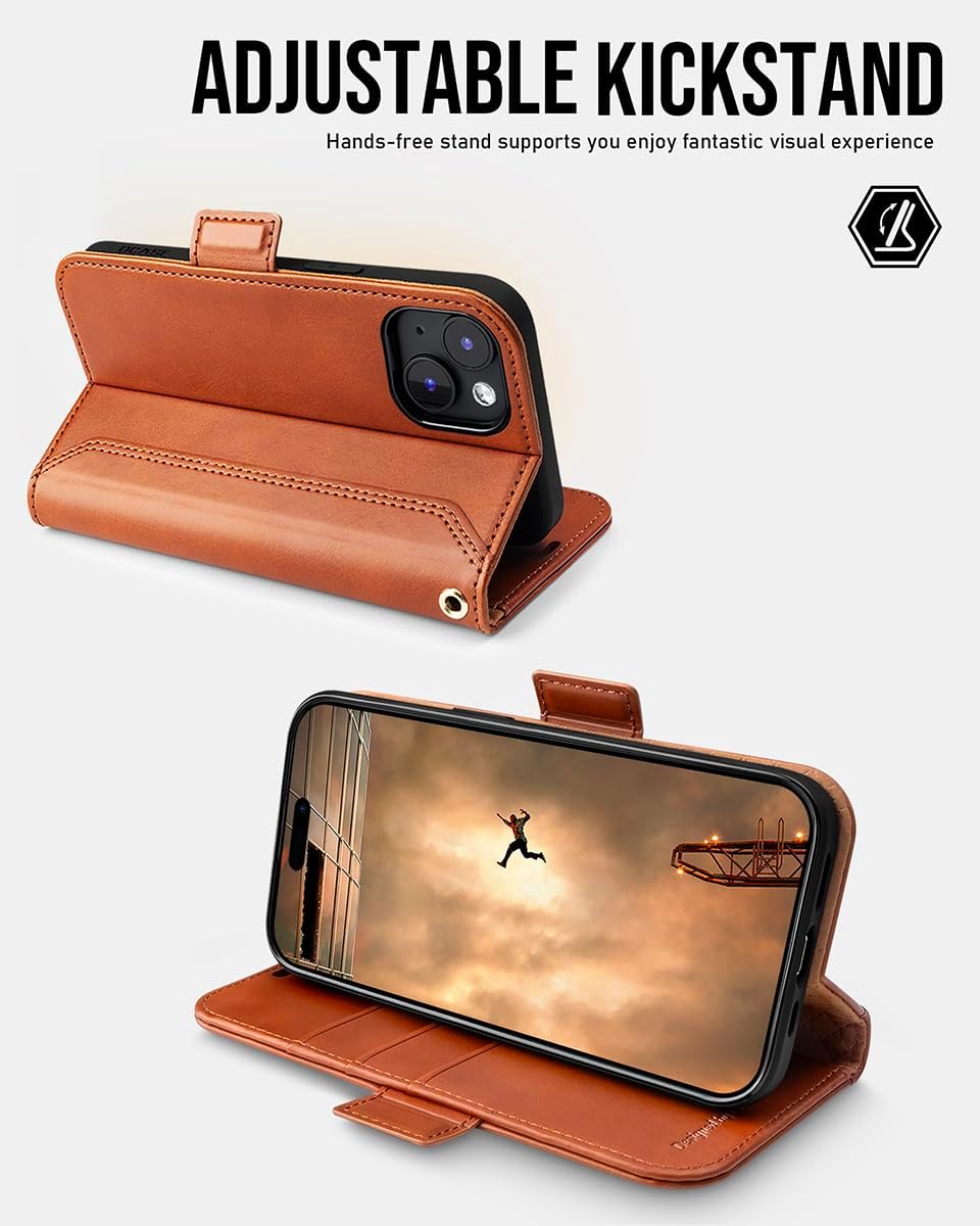 OCASE Compatible with iPhone 15 Wallet Case, PU Leather Flip Folio Case with Card Holders RFID Blocking Kickstand [Shockproof TPU Inner Shell] Phone Cover 6.1 Inch 2023, Retro Brown