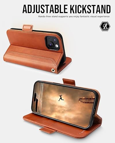 Miniatura 4 de OCASE Funda de piel sintética compatible con iPhone 15, con tarjetero y función atril con bloqueo RFID carcasa interior de TPU a prueba de golpes