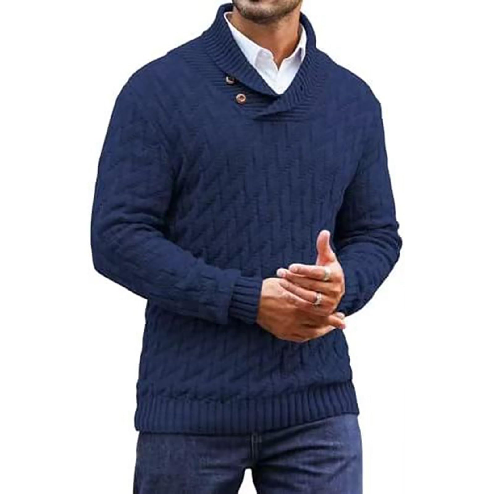 Generisch Jersey de punto para hombre, cuello alto, con botones, cálido, manga larga, suéter de invierno, monocolor, suéter de trabajo, suéter de trabajo