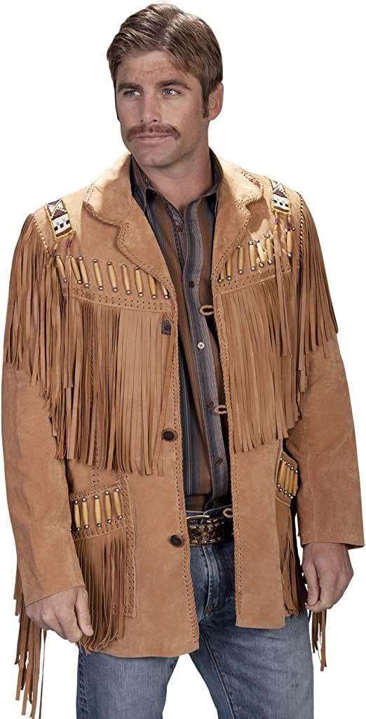Men's Traditional Suede leather Western Cowboy Jacket | Classic Native American Coat with Bones Beaded Fringed