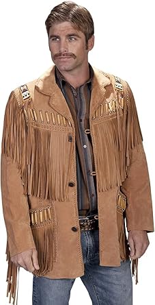 Western Suede Leather Jacket Men - Buckskin Fringe Jacket Native American Bones, Beads & Tassels Cowboy Jacket