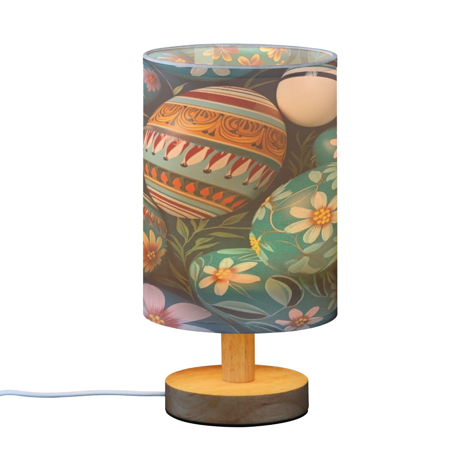 SDMKA Easter Egg Pattern Bedside Table Lamp for Bedroom, Minimalist Nightstand Lamp with Round Fabric Shade for Living Room, Office, No Bulb Required