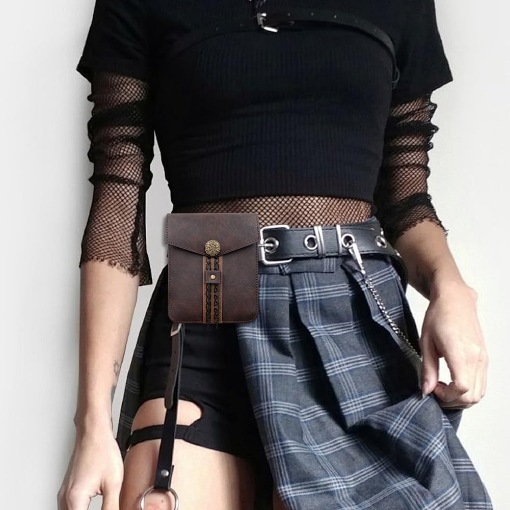 Vintage PU Leather Waist Bag Retro Late Medieval Leather Belt Pouch Portable Viking Brown Side Pack Waist Bag Renaissance Accessories for SCA LARP Reenactment & Ren Faire Halloween Costume - Image 4