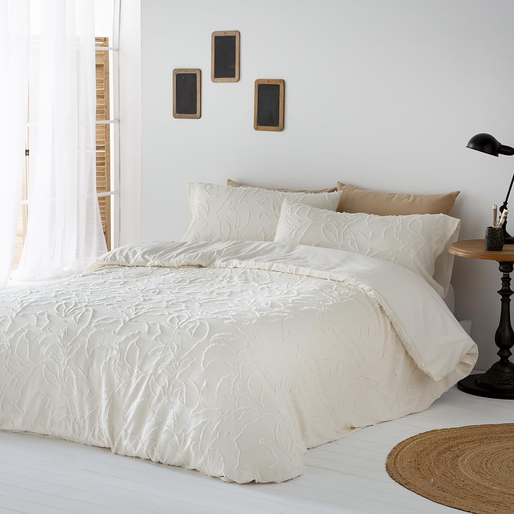 Funda Nórdica LITO Tejido Jacquard en Microfibra Reverso algodón -poliéster Cierre con Botones Funda de edredón para Cama de 150 (240x220 cm) + 2 Fundas de Almohada (45 X 90 cm) Beige Natural