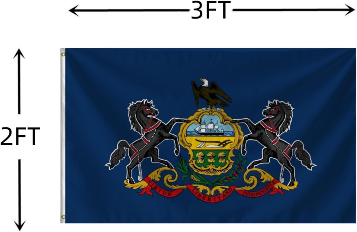 Heavy Duty Double Sided Pennsylvania State Flag 2X3 FT 3ply, PA State Flag with Strong Canvas Header, Quadruple Stitched with Shading Cloth Inside,Outdoor and Indoor Decor Banner,UV Resistant Polyester Flags with Brass Grommets. (PA, 2X3 3PLY)