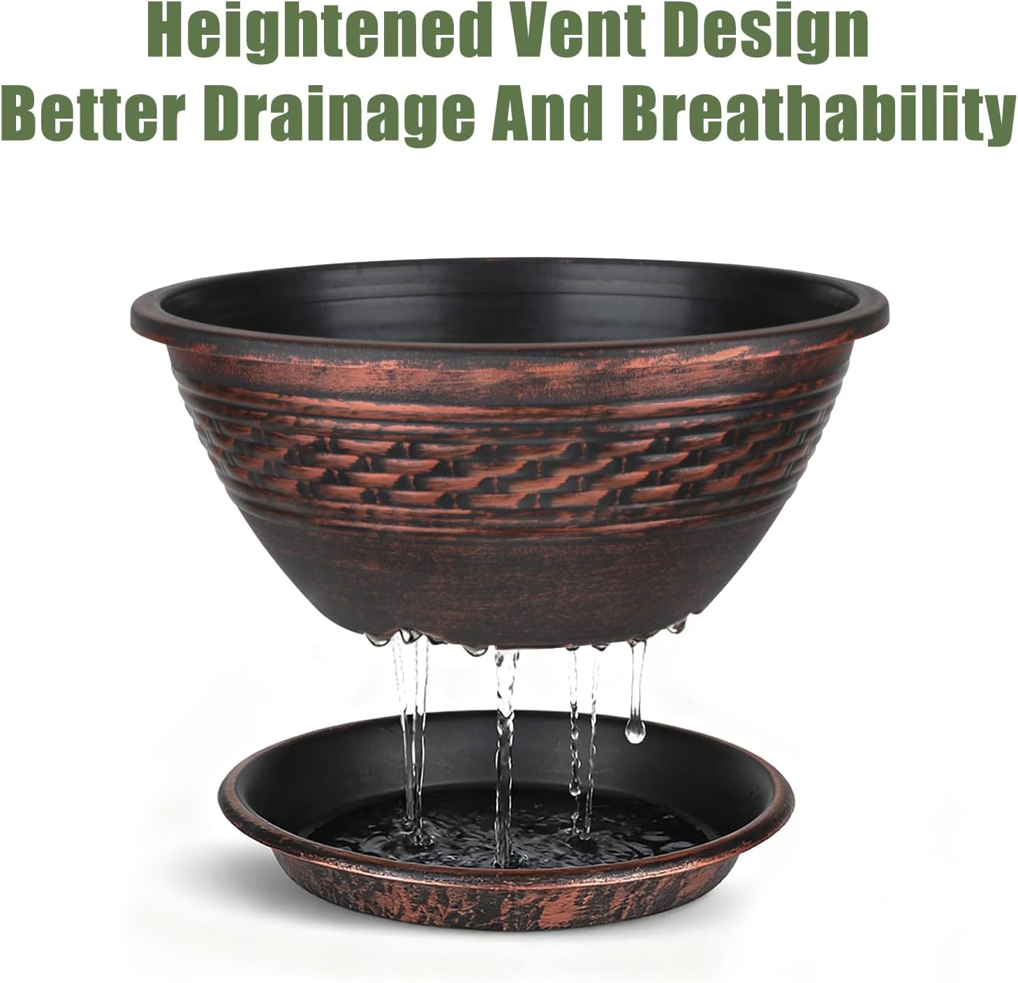 NIKONIKO 12 Inch Plant Pots, 6-Pack Plastic Woven Look Ripples Planters with Drain Holes & Trays, Retro Design Flower Pots for Indoor and Outdoor Plants