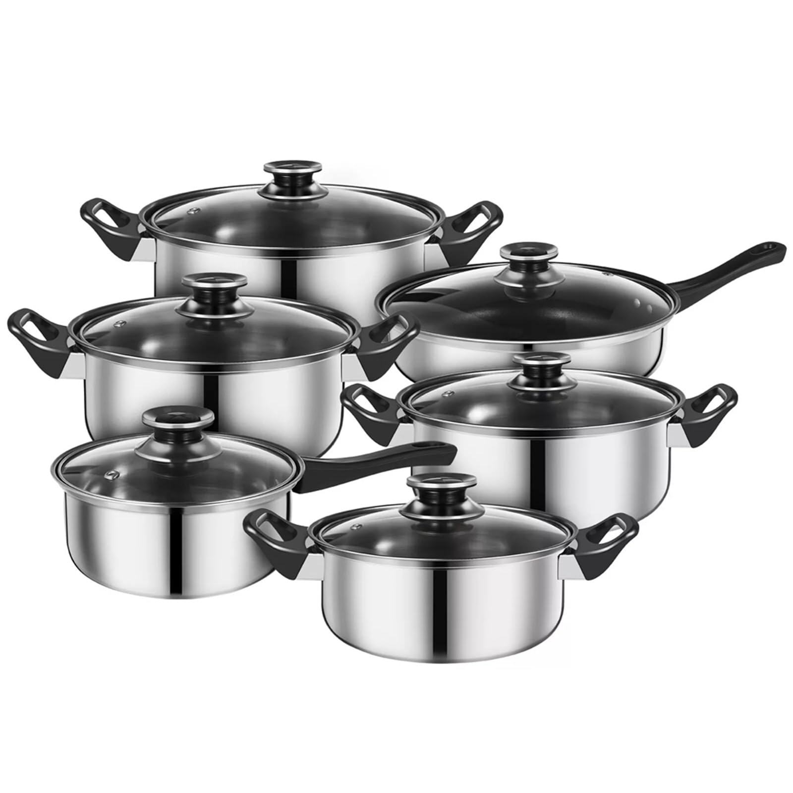 Stainless Steel Cookware Set, 12-Piece Pots and Pans Set with Glass Lids, Non-Stick Cooking Set with Heat Resistant Handles, for All Stoves