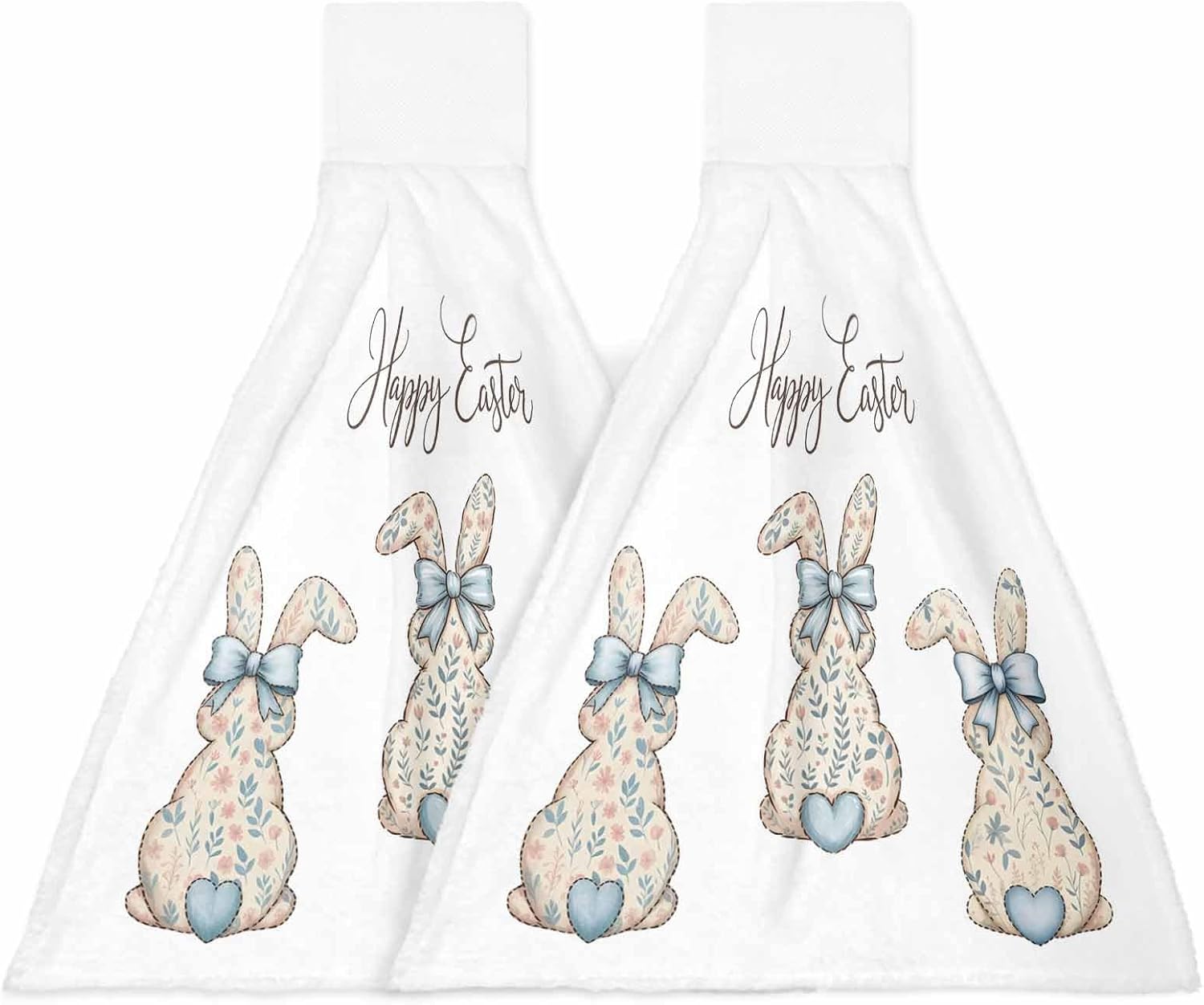 Happy Easter Rabbits Kitchen Hand Towels with Hanging Loops Set of 2 Spring Bunny Flowers Love Watercolor Soft Thick Oven Fingertip Dry Microfiber Tie Dish Towel Absorbent Cleaning Washcloth