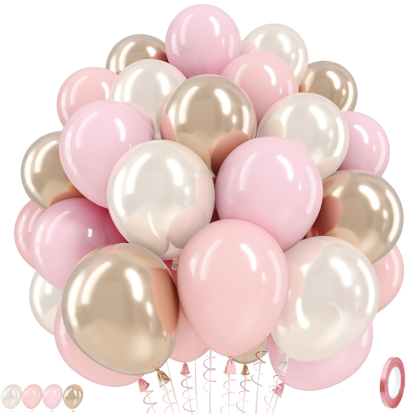 Pink and Gold Balloons, 12 Inch Pastel Light Pink and Pearl Sand White Latex Balloon with Metallic Champagne Gold Beige Balloon for Boho Princess Women Birthday Baby Bridal Shower Wedding Engagement
