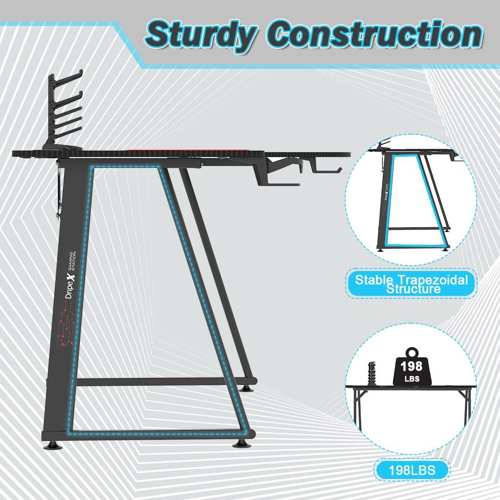 Diagram showing the dimensions of the L-shaped gaming desk: 160cm length, 100cm width, 75cm height