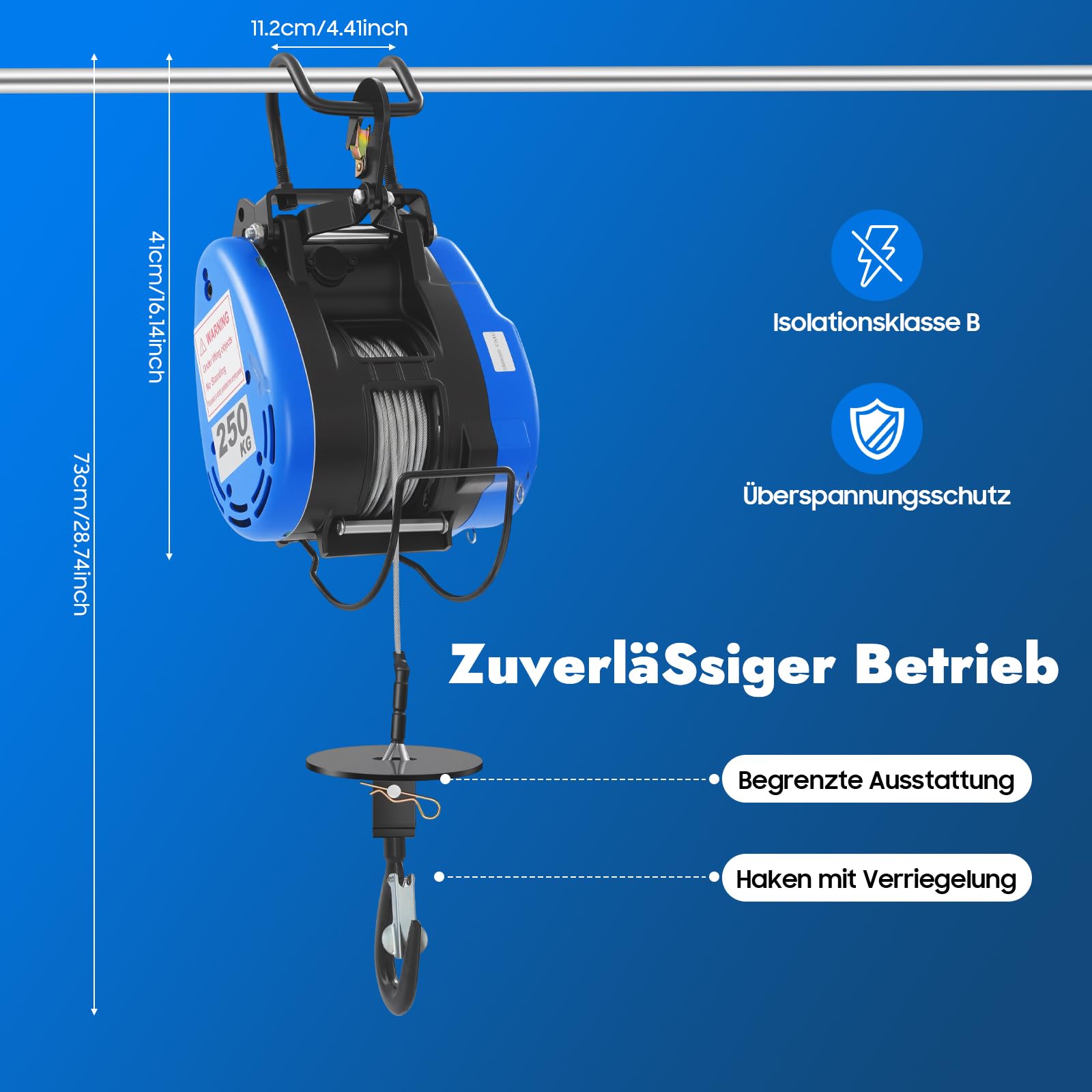Elektrische Seilwinde 1500W 30 m, Elektrohebezeug bis 250 kg Tragkraft, Tragbare Winde mit Stahlseil und fernbedienung für Werkstatt, Garage und Baustelle