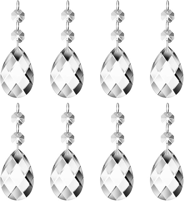 JaneYi (24 Pack) 38mm Teardrop Crystal Pendant Clear Crystal Glass Chandelier Prism Sun Catcher Parts Hanging Drops Pendant with Octagon Bead for Curtain Lamp Vase Garden Party Christmas Wedding Decor