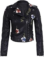YILANUOYI Women's Embroidered Studded Faux Leather Moto Punk Jacket Floral Embroidery Coat