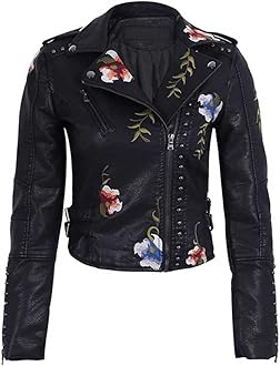 YILANUOYIWomen's Embroidered Studded Faux Leather Jacket Moto Punk Jacket Floral Coat