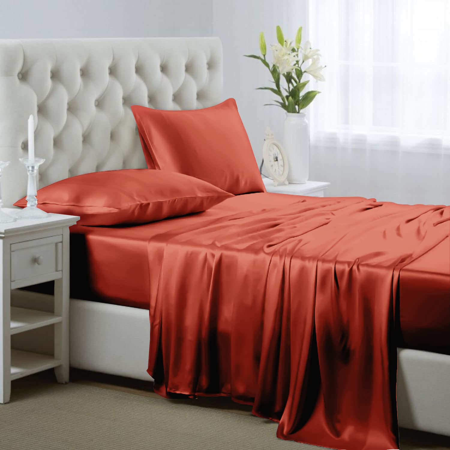 Lanest Housing Silk Satin Sheets, Twin Size Satin Bed Sheet Set with Deep Pockets, Cooling Soft and Hypoallergenic Satin Sheets Twin - Burnt Orange