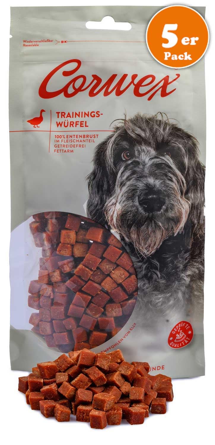 Corwex Cubo da allenamento per cani con anatra, monoproteina, snack senza cereali, per addestramento del cane (5 x 250 g, anatra)
