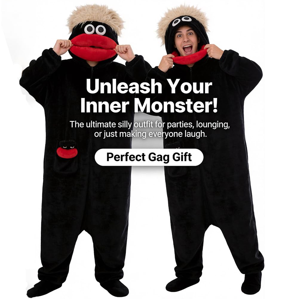 Pijama divertido de una pieza para adultos, divertido monstruo de boca grande, con capucha, ropa de dormir unisex