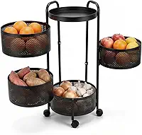 Decolab Fruteira Carrinho Organizador Móvel Multiuso Aço Carbono | Cestos Redondos Articulados com Prateleira para Cozinha Banheiro Lavanderia | Rodinhas Rotativas (Preto, 4 Andares)