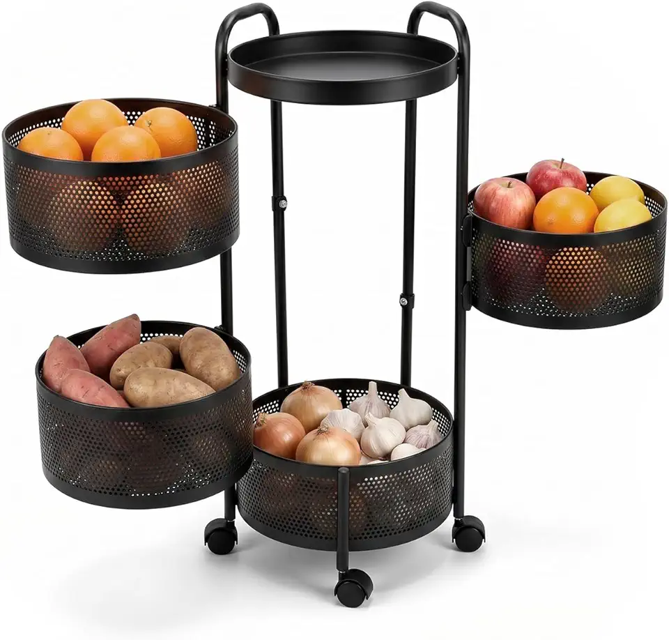 Decolab Fruteira Carrinho Organizador Móvel Multiuso Aço Carbono | Cestos Redondos Articulados com Prateleira para Cozinha Banheiro Lavanderia | Rodinhas Rotativas (Preto, 4 Andares)