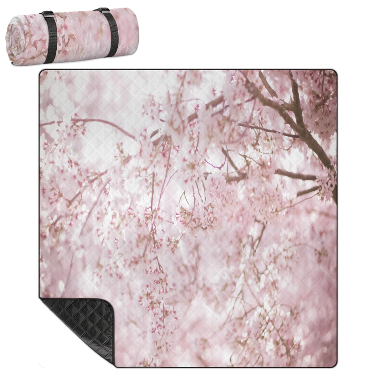 Shimoshe Extra Large Picnic Blankets 79”x 79”, Cherry Blossom Tree Waterproof Foldable Picnic Mat with Straps Portable Beach Blanket for Camping Park Grass Beach Indoor