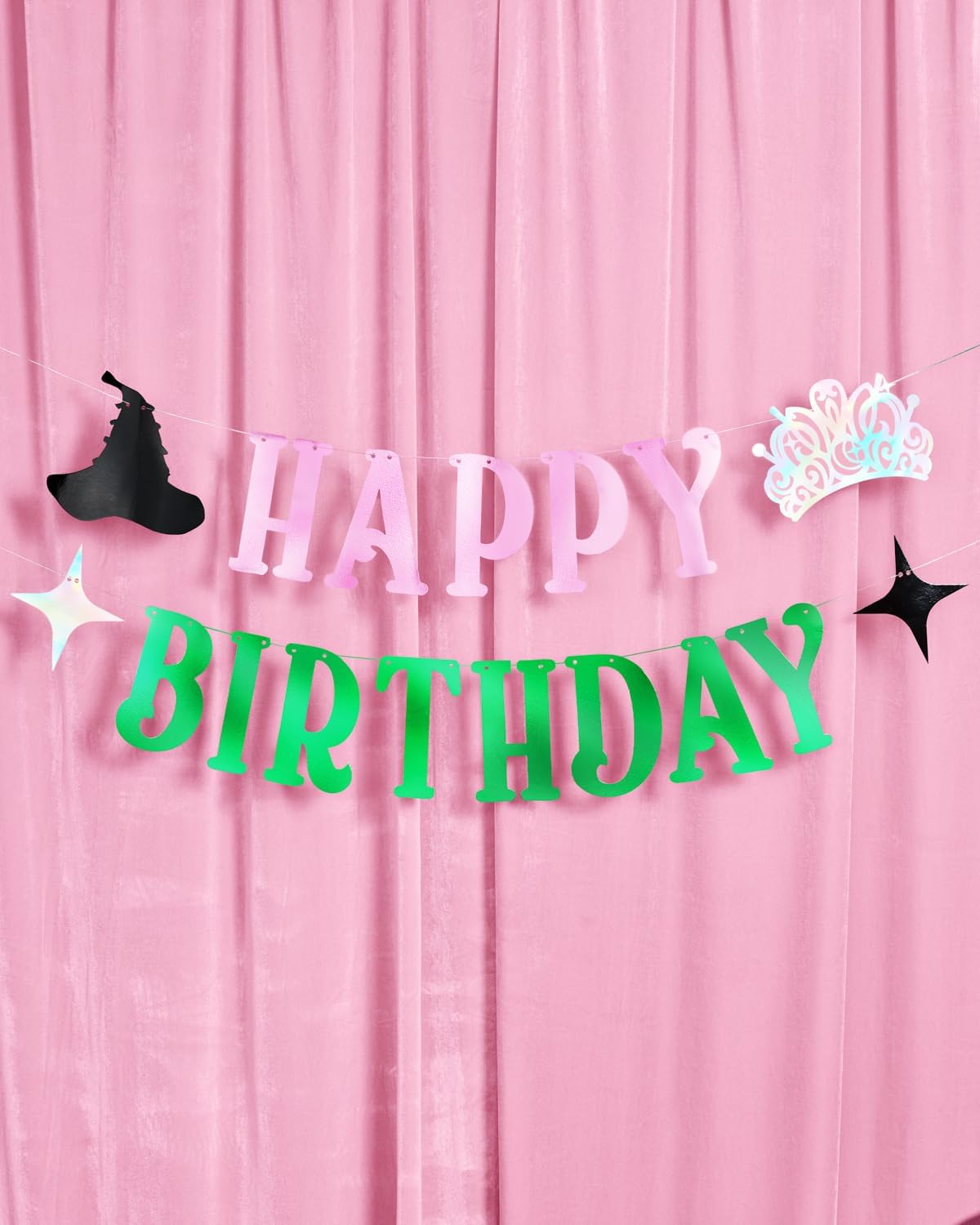 xo, Fetti Happy Birthday Banner - Pink + Green Foil, 4 Ft. | Witch Birthday Decorations, Girls Bday Sign, Kids Wizard Party, Photoshoot Backdrop