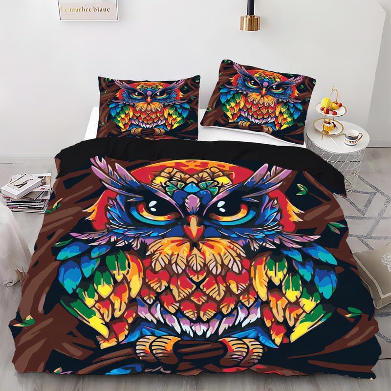 Housse de couette 90x190 hibou de café avec taie 65x65 en microfibre pour lit enfant