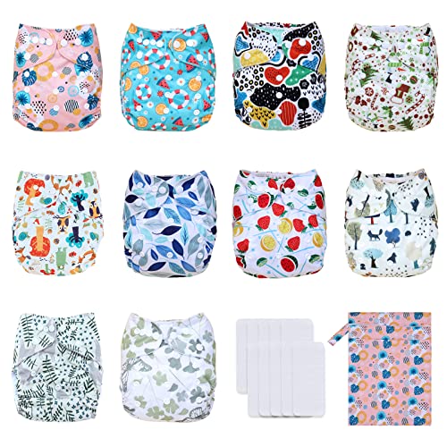 Image of TDIAPERS Baby Cloth Diapers Washable Reusable One Size Adjustable for Baby 10 Pack with 10 Pcs Microfiber Inserts, 1 Wet Bag
