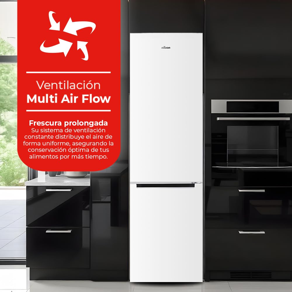 Nilson Frigorífico Combi Blanco, 2 Puertas. NC185500ENF, Capacidad 253 L, No Frost, Multi Air Flow, Bajo Nivel Sonoro, Puerta Reversible, Clasificación Energética E