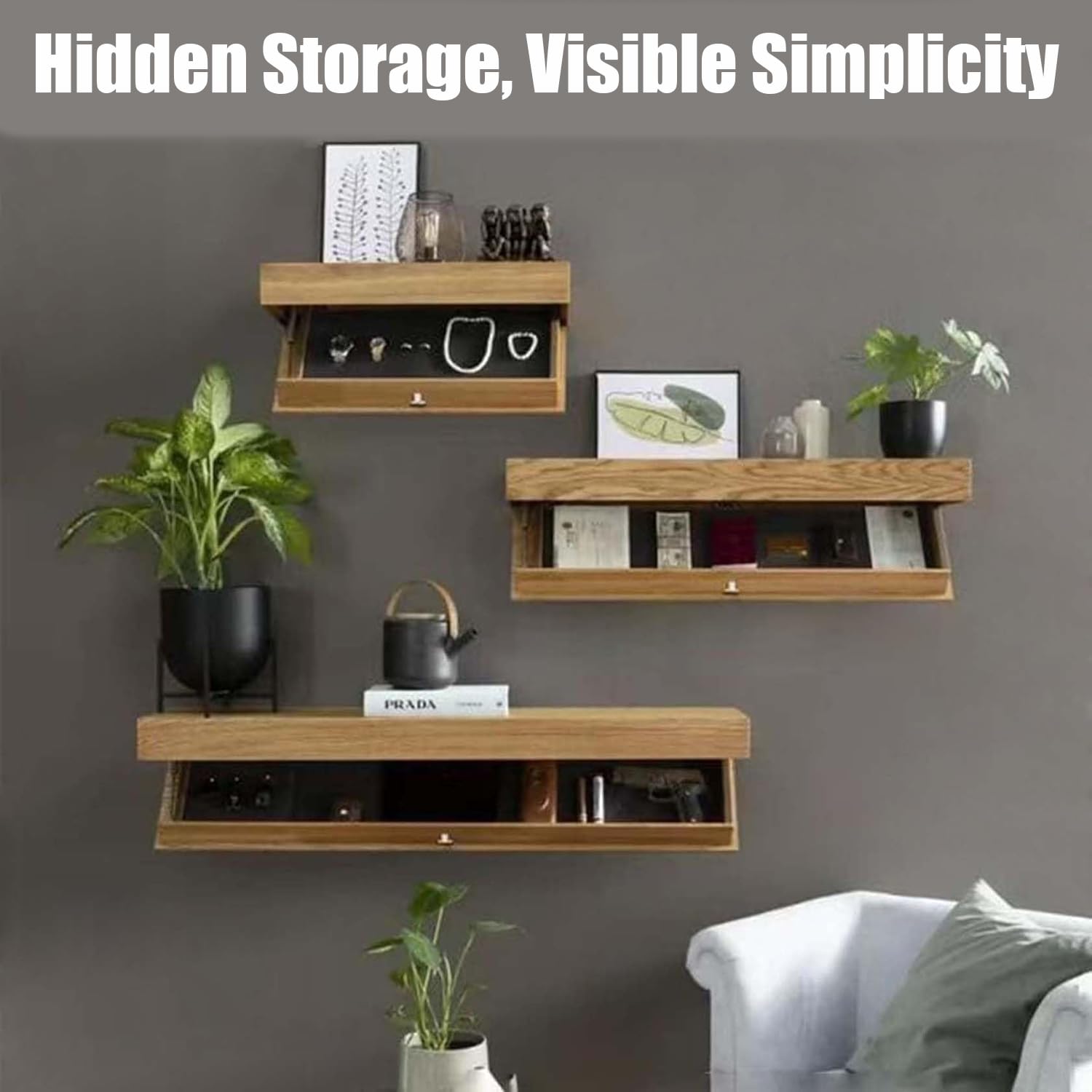 Magic Flap Design - Estante con compartimento secreto, estante de compartimento oculto, estantes flotantes con cajón, estante de almacenamiento secreto montado en la pared para el hogar u