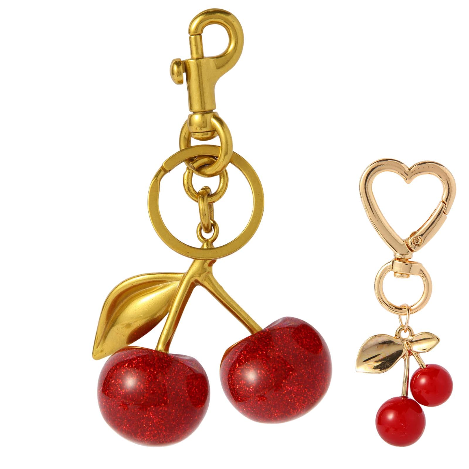 SOOFOTOO 18K Gold Plated Cherry Bag Charm Keychain – Red Glitter Resin Accessory For Purse & Decor